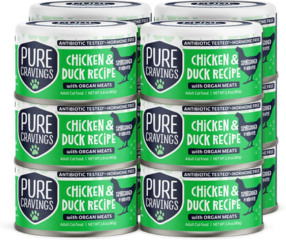 Chicken and Duck Recipe in Broth, Shredded Wet Cat Food, Grain-Free Protein, Non-GMO, 12 Pack