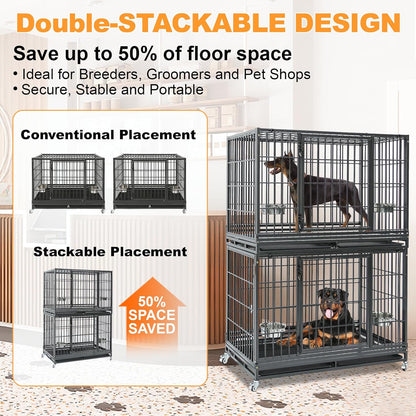 Homey Pet 48 Inch Stackable Heavy Duty Dog Crate Indestructible, Escape Proof Dog Cage with Wheels, Two Removable Trays, High Anxiety Dog Kennel Indoor, Extra Large XL XXL Dog Crates for Large Dogs