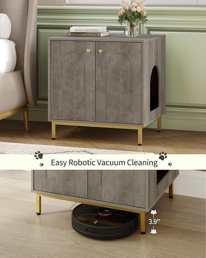 Cat Litter Box Enclosure, Hidden Litter Box Furniture Cabinet, Wooden Indoor Cat House, Side End Table, Living Room, Bedroom, Greige and Gold CB81205G