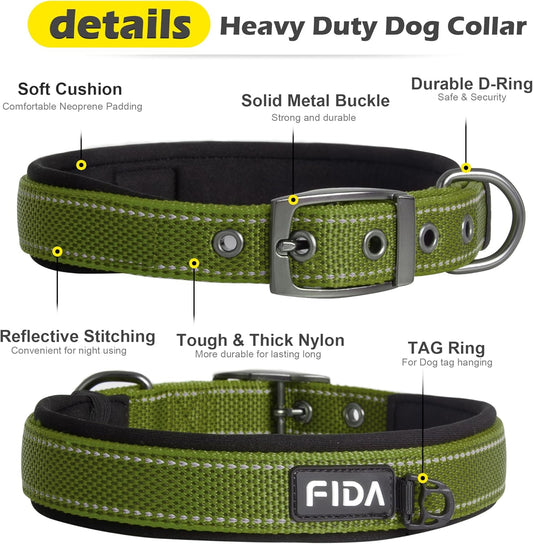 Fida Heavy Duty Dog Collar for Large Dogs, Ultra Comfortable Soft Neoprene Padded, Adjustable Reflective Nylon Pet Collar with Durable Metal Belt Buckle for Large Breeds (L, Green)
