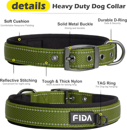 Fida Heavy Duty Dog Collar for Medium Dogs, Ultra Comfortable Soft Neoprene Padded, Adjustable Reflective Nylon Pet Collar with Durable Metal Belt Buckle for Medium Breeds (M, Green)