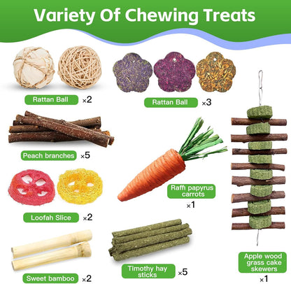 WDEFUN 21-Piece Natural Small Pet Chew Toys Set for Rabbits, Hamsters & Organic Grass Mat, Hay Sticks, Loofah Slices, Wooden Chews & More for Dental Health & Boredom Relief