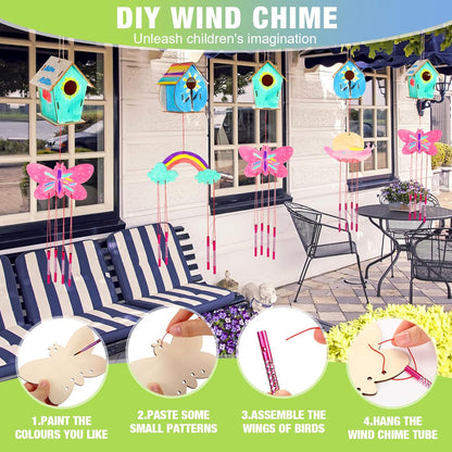 30 Pcs Crafts DIY Bird House Wind Chime Kit Unfinished Wood Birdhouse Kits 12 Wooden Birdhouses & 18 Wind Chimes Build and Paint Birdhouses Bulk Crafts Set