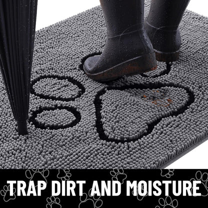 Smiry Dog Door Mat for Muddy Paws, Absorbent Dirt Trapper Non Slip Quick Dry Washable Chenille Mat for Mud Dogs, Entry Rug for Indoor and Outdoor (48x30 Inches, Dark Grey and Black)