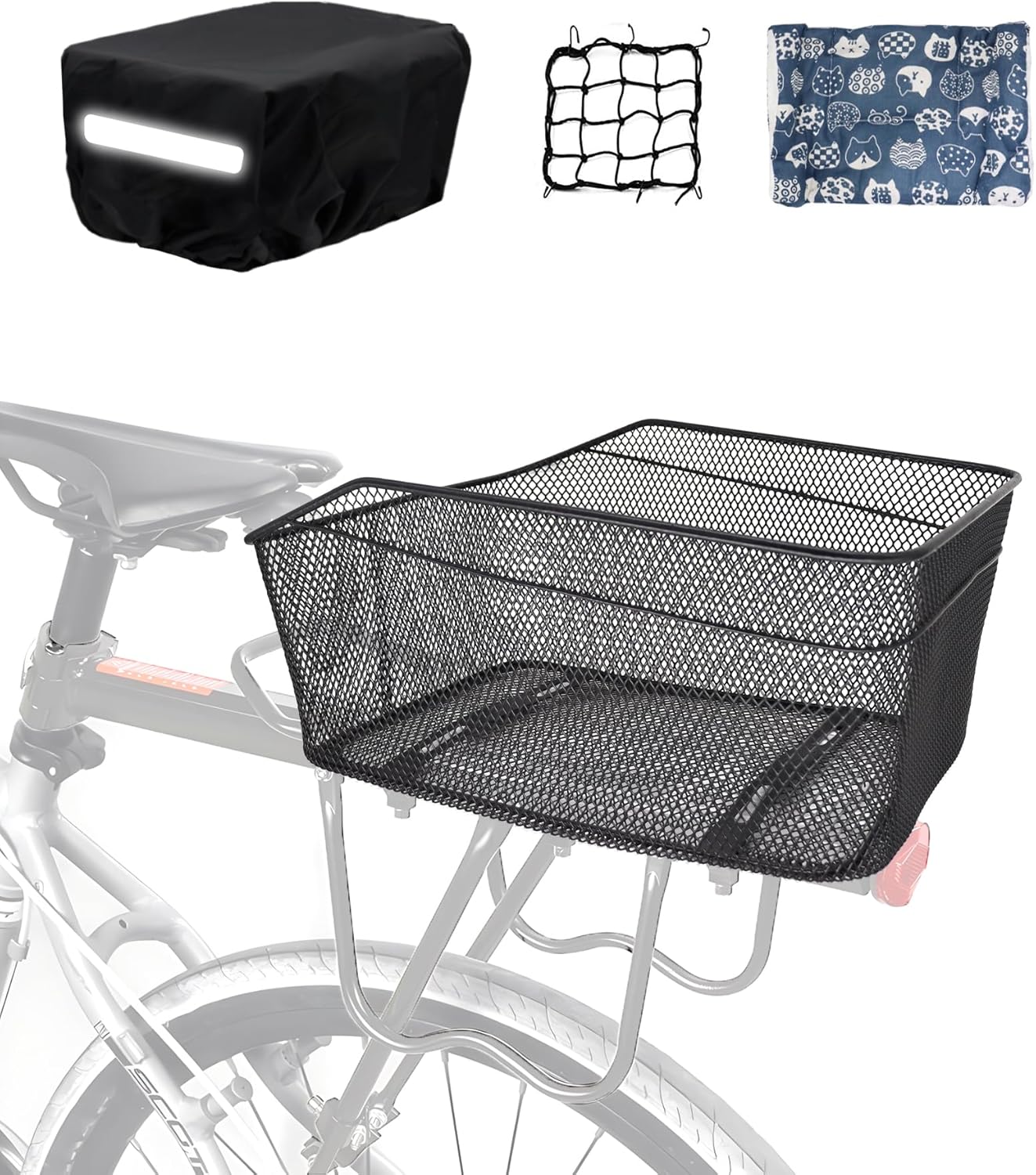 Rear Bike Basket, Tool-Free Install, Dog/Pet Carrier, Ebike Electric Bicycle Back Cargo Basket, Fits Most Rear Racks, with Waterproof Cover, Cargo Net - Pawvie
