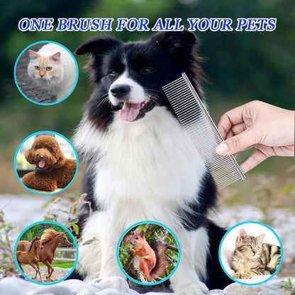 Dog Comb and Cat Combs Stainless Steel Teeth, Grooming Tool for Long & Short Hair, Dematting Comb for Dogs, Removes Tangles & Knots (Large Silver)