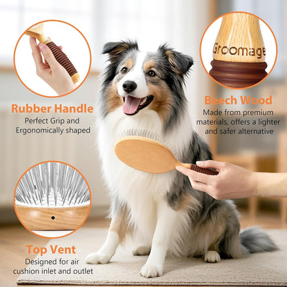 Dog Brush for Long Haired Dogs, 27mm Extra Long Metal Pin Dog Deshedding Brush and Comb Set, Short Haired Shedding Grooming Detail Pets Brush Set with Rubber Handle