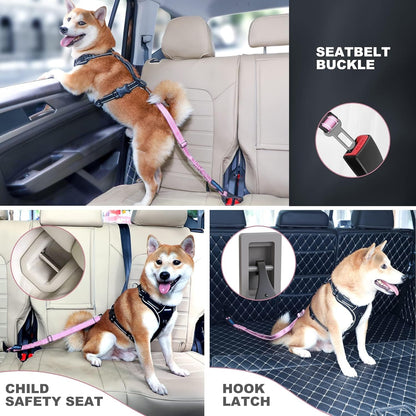 IOKHEIRA Dog Seat Belt 3-in-1 Car Harness for Dogs Adjustable Safety Seatbelt for Car Nylon Reflective Bungee Fabric Dog Car Harness with Clip Hook Latch & Buckle, Swivel Zinc Alloy Carabiner (Pink)