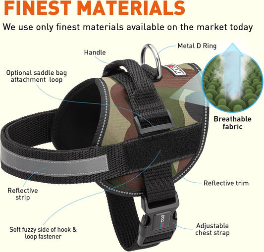 Dogline Dog Harness, Reflective No-Pull Adjustable Vest with Handle for Walking, Training, Breathable, No - Choke Harness for Small, Medium or Large Dogs Room for Patches Girth 22"-28" in Green Camo