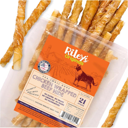 Riley's Chicken Wrapped Beef Sticks - Made with USA Sourced Dehydrated Chicken Breast & Beef Hide - Dog Snacks for Small Dogs and All Natural Chew Sticks - 21 Small Twists