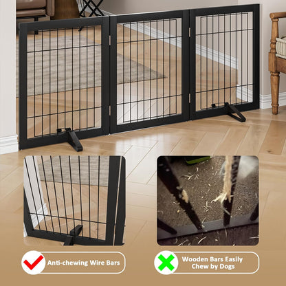Wire Dog Gate Indoor, Dog Gates for Doorways, Stairs, 24-Inch Tall Freestanding Pet Gates for Dog, Puppy Fence (3 Panel, Black)