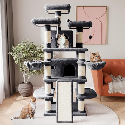 SHA CERLIN 68 Inches Multi-Level Large Cat Tree for Large Kitties/Big Cat Tower with Condo/Cozy Plush Pussycat Perches/Sisal Scratching Posts and Hammocks/Activity Center/Dark Grey