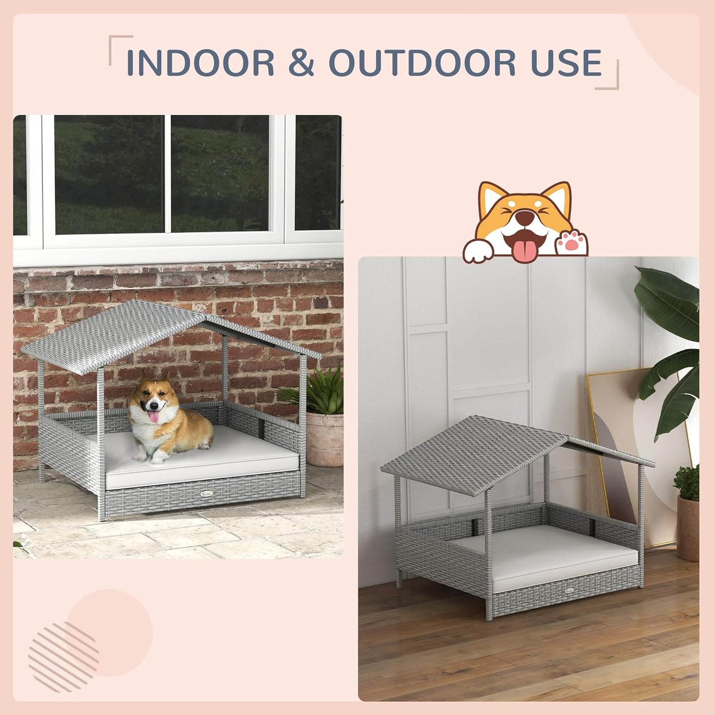 PawHut Wicker Dog House Outdoor with Canopy, Rattan Dog Bed with Water-Resistant Cushion, Raised Dog Bed for Small, Medium Dogs up to 66 lbs, 19.75" in Length, Silver Wicker, White Cushion