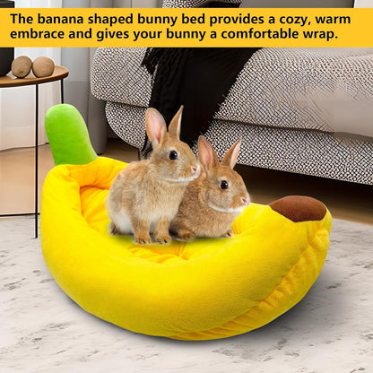Rabbit Bed,Bunny Bed,Thick&Soft with Removable Mat,Machine Washable Guinea Pig Cushion,Cozy Rabbi Plush House,Warm Small Animal Sleeping Beds(Yellow Banana Shape-L)