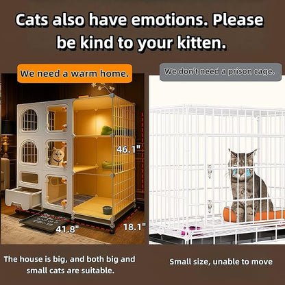 cat cage Indoor with Litter Box, Complimentary Bed, Bowl,Cleaning Three Piece Set,Large cat Enclosure, Cat House with Wheels Outdoor,Small Animal Cage cat Kennel (White, 41.8″(L) x18.1″(W) x46.1″(H))