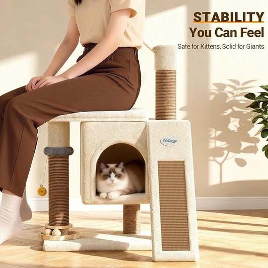PetDance 37in All-in-1 Small Cat Tree for Indoor Cats | Space-Saving Cat Tower with Cozy Condo, Cat Window Perch, Sisal Scratching Posts, Interactive Ball Track Toy & Self-Grooming Brush,Beige