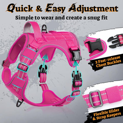 rabbitgoo Dog Harness for Large Dogs No Pull, Tactical Service Pet Vest with Molle and Control Handle, Adjustable and Reflective Military Harness for Easy Walking and Training, Rose Red, XL