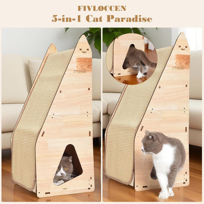 32in Cat Scratching Posts for Indoor Cats: Replaceable Sisal Mats & Sturdy 3D Wood Frame, Integrated Cat Condo, Hideout, Tunnel, All-in-One Space Saver for Multi-Cat & Budget-Friendly Homes