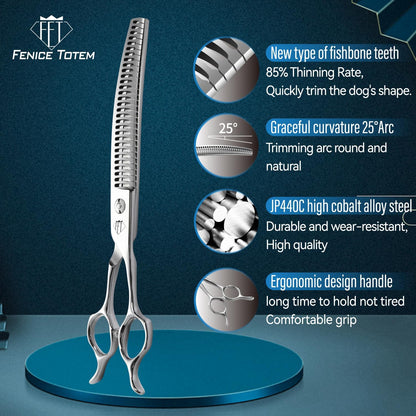 Professional Dog Grooming Scissors, 85% Thinning Rate, 25° Curved Blade, JP440C Steel, 7.0" Ergonomic Handle