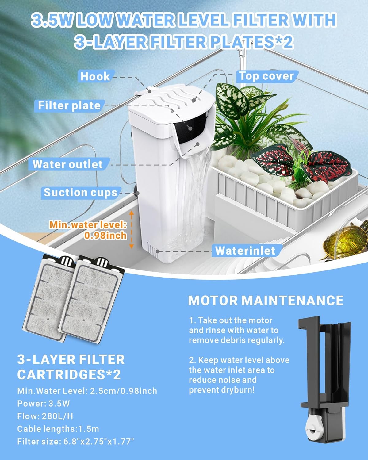 Small Turtle Tank with Filter, Acrylic Turtle Tank Starter Kit, Reptile Habitat and Terrarium with Multi-Functional Areas for Tortoise,Crab,Crayfish,Small Reptile. (Tank+Filter) - Pawvie