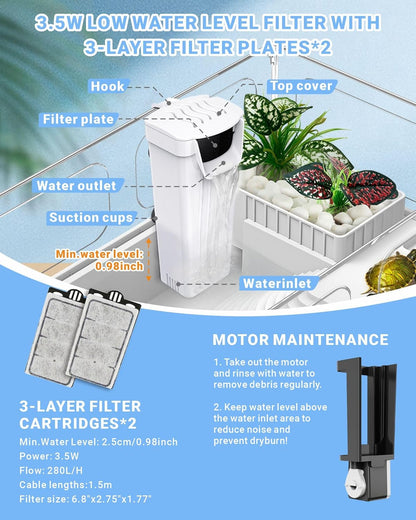 Small Turtle Tank with Filter, Acrylic Turtle Tank Starter Kit, Reptile Habitat and Terrarium with Multi-Functional Areas for Tortoise,Crab,Crayfish,Small Reptile. (Tank+Filter) - Pawvie