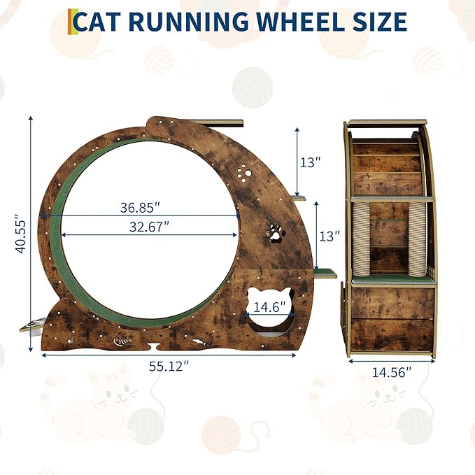 Cat Running Wheel for Indoor Cats, Large 6-in-1 Cat Treadmill with Bowls, Scratch Post & Resting House, Quiet Cats Wheel Exerciser for Kitty Fitness Brown