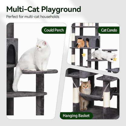 85in Giant Cat Tree for Heavy Duty Big Cats, Large Cat Trees with Scratching Post, Cat Tree Tower with Cat Condos, Hammock & Plush Perch for Maine Coon, Smoky Gray