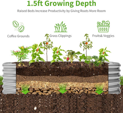 Land Guard Galvanized Metal Raised Garden Bed Kit, 8x4x1.5ft Large Planter Boxes Outdoor, Oval Gardening Box, Patio Garden Planter Box for Vegetables (Silver)