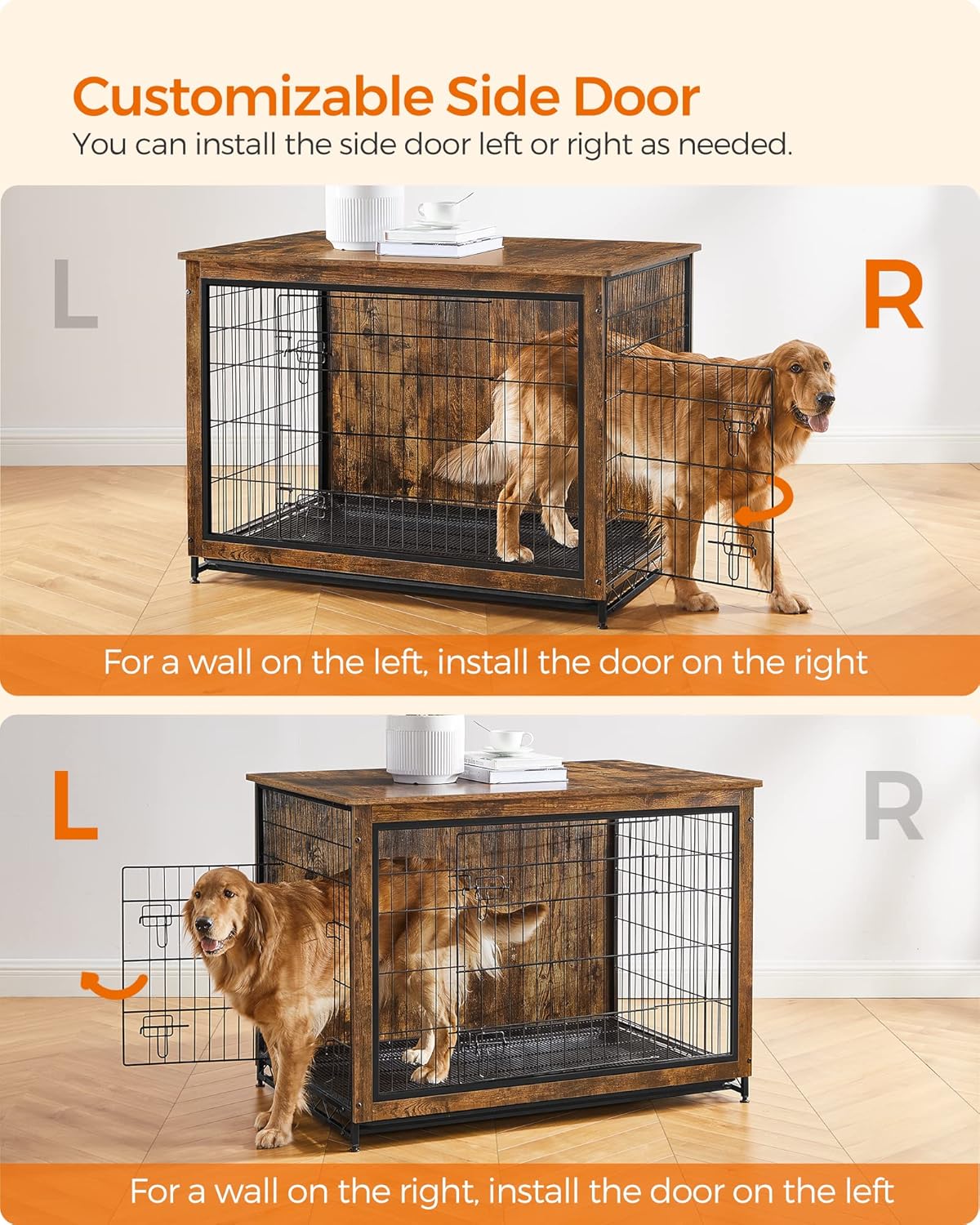 Feandrea Dog Crate Furniture, 44.1" Side End Table, Modern Kennel for Dogs Indoor up to 80 lb, Heavy-Duty Dog Cage with Multi-Purpose Removable Tray, Double-Door Dog House, Rustic Brown UPFC004X01