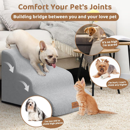 Dog Ramp and Stair for Bed 16" H-20 H,3-Step Cat Stair for Sofa and Chair,4-Step Dog Ramp for High Bed and Window,Durable Nonslip Fabric Cover for Indoor (Light Grey-16 H, Pet Friendly, 3) - Pawvie