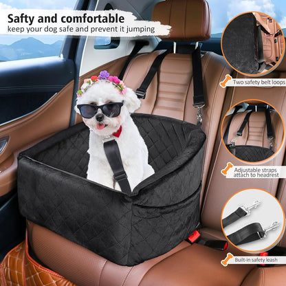 Dog Car Seat for Small Medium Dogs,Detachable Washable Dog Booster Seat Under 30lbs, Pet Car Seat Travel Bed with Storage Pockets and Dog Safety Belt (Black) - Pawvie