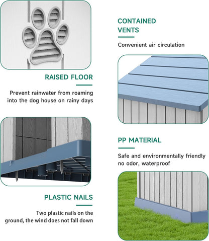 Vixzen 38in Large Outdoor Dog House,Durable Water Resistant Resin Dog House,Doghouse for Small to Large Dogs Indoor or Outside,with Air Vent and Elevated Floor,Blue