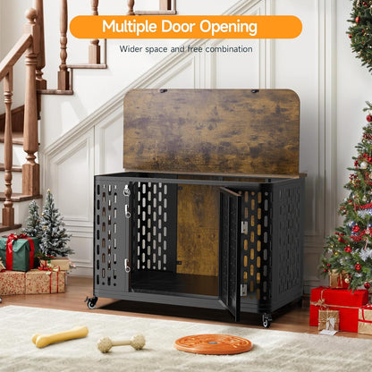 ONBRILL Dog Crate with Cushion, 38" Wood Heavy Duty Dog Crate Furniture with Flip Top & Wheels for High Anxiety Dog, Escape Proof Pet Cage for Small/Medium Dogs