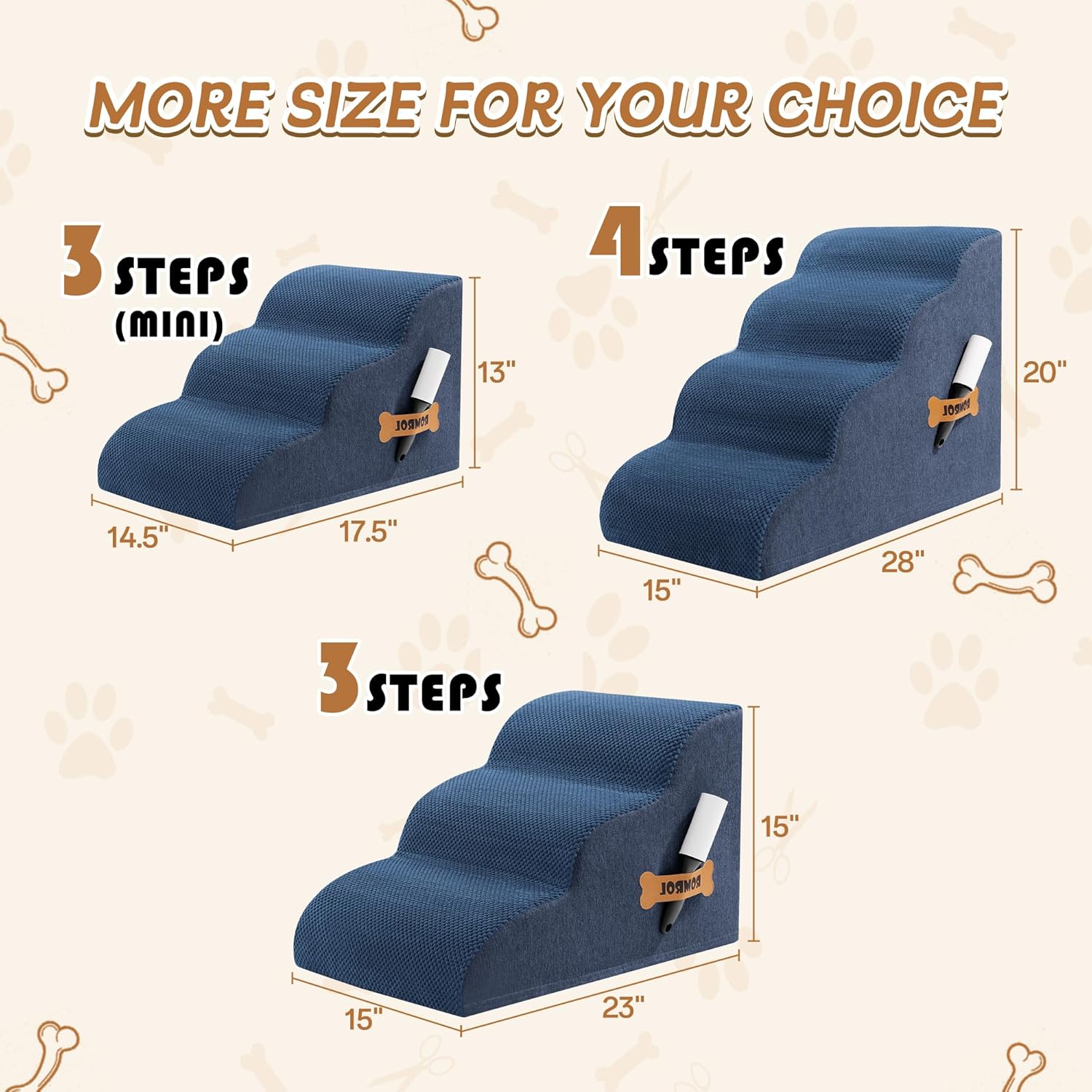 Romrol Dog Stairs Ramp for High Beds Couches, High Density Foam Pet Steps with Durable Non-Slip Waterproof Fabric Cover, Dog Stairs for Small Dogs or Cats or Pets, 3-Step,15 Inch,Dusty Blue - Pawvie