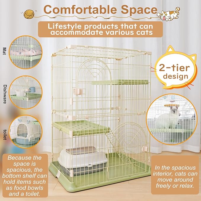 Cat Cage 2-Tier Indoor Cat Enclosure with Widen Bottom Buckle & Reinforced Locking Clamps DlY Cat Playpen for 1-2 Cats & Small Pets,31" Lx 20" W X 36" H (Green, Two-Tier36)