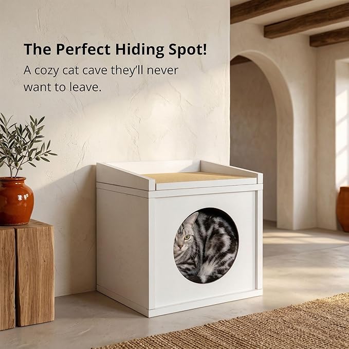 Meowdium Cat House – Cat Condo with Cardboard Scratcher, Scratching Post, Bed & Toy Storage, Cozy Cat Furniture & Accessories for Indoor Cats, White