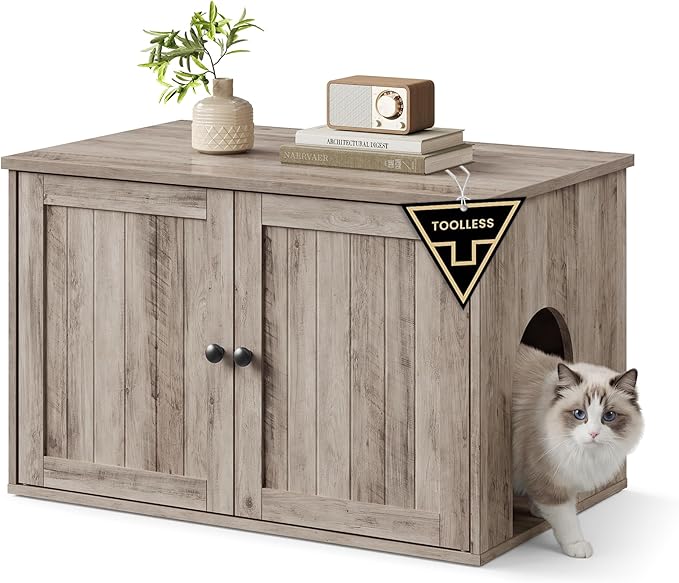 SONGMICS Home Litter Box Enclosure, Superfast Toolless Assembly, Cat Litter Box Furniture, Push-to-Open Doors, Indoor Cat House, Greige UPCL233LK02S