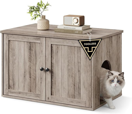 SONGMICS Home Litter Box Enclosure, Superfast Toolless Assembly, Cat Litter Box Furniture, Push-to-Open Doors, Indoor Cat House, Greige UPCL233LK02S