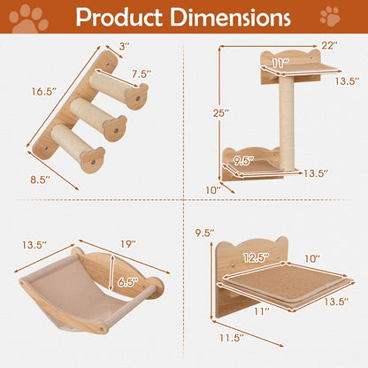 Tangkula Cat Wall Shelves, Wall Mounted 4pcs Kitten Furniture Set with Hammock, 2-Step Kitty Tree, Perch, Non-Slip Carpet Mat, Sisal Stairs & Scratching Posts, Wooden Cat Climber Steps (Natural)