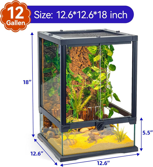 360° Clear View 12 Gallon 18x12.6x12.6 Glass Reptile Terrarium Suitable for Bearded Dragon, Chameleon, Crested Gecko, Multi-Pet Enclosure with Front Door, Excellent Ventilation, Hidden Wiring Holes