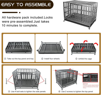 Confote 37 Inch Heavy Duty Dog Crate Metal Cage Kennel, High Anxiety Pet Cage with Lockable Wheels & Double Doors for Small Dogs
