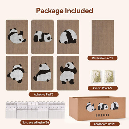 AUSCAT Cardboard Cat Wall Scratcher, 7 cat Scratching Boards with Box, Wall Mounted Cat Scratching Pads for Indoor Cats, Furniture Protector, 14.5" x 9.3", Panda Pattern