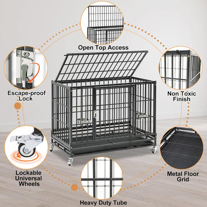 Homey Pet 37 Inch Heavy Duty Dog Crate Indestructible, Collapsible Dog Cage with Lockable Wheels, Removable Tray, High Anxiety Dog Kennel Indoor, Two Tiers Stackable Dog Crates for Medium Dogs