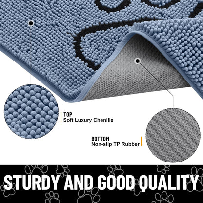 Smiry Dog Door Mat for Muddy Paws, Absorbent Dirt Trapper Non Slip Quick Dry Washable Chenille Mat for Mud Dogs, Entry Rug for Indoor and Outdoor (48x30 Inches, Airy Blue and Black)
