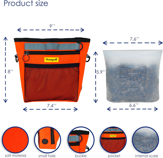 Dog Treat Pouch with Magnetic Closure 4-Cup Silicone Bag Fanny Pack Holder with Clicker 4 Ways to Wear Front Pocket Fits All Phones Ideal for Leash, Pet Walking and Training(Orange)