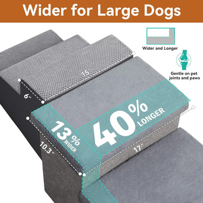 Dog Stairs with Furry Lids 18" H, 3-Step Wider Dog Steps with Storage for Small/Medium/Large Old Dogs Cats, Folding Sturdy Pet Stairs Climbing Bed Couch, Ramp for Car Hold Up to 200 lbs, Grey