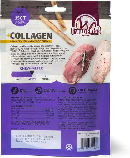Wild Eats Real Duck Collagen Retriever Sticks for Dogs, (15 Count), Long Lasting Dog Chews, No Hide Dog Treat Bully Stick Alternative, Rawhide Free, Low Fat, High Protein, Grain Free