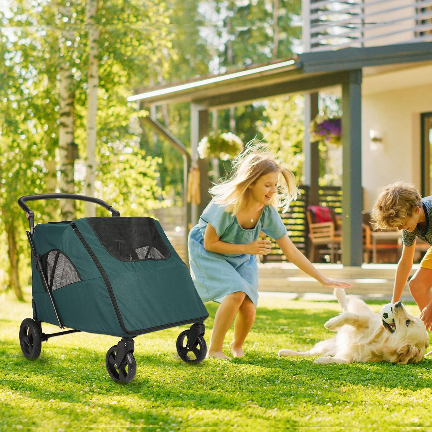 Large Dog Travel Stroller with 4 Heavy Duty Wheels Pet Stroller with Adjustable Handle - Double Doggie Capacity Jogger Wagon with Back Front Door for Small Medium Large Dogs (Dark Green-C) - Pawvie