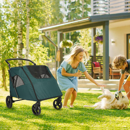 Large Dog Travel Stroller with 4 Heavy Duty Wheels Pet Stroller with Adjustable Handle - Double Doggie Capacity Jogger Wagon with Back Front Door for Small Medium Large Dogs (Dark Green-C) - Pawvie