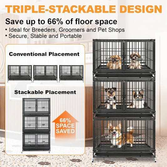 Homey Pet 2 Pack Three Tiers 43 inch Stackable Heavy Duty Dog Crate with Wheels, Indestructible Steel Dog Cage Kennel Indoor with Detachable Divider, Trays, Feeding Bowls, Escape Proof Locks